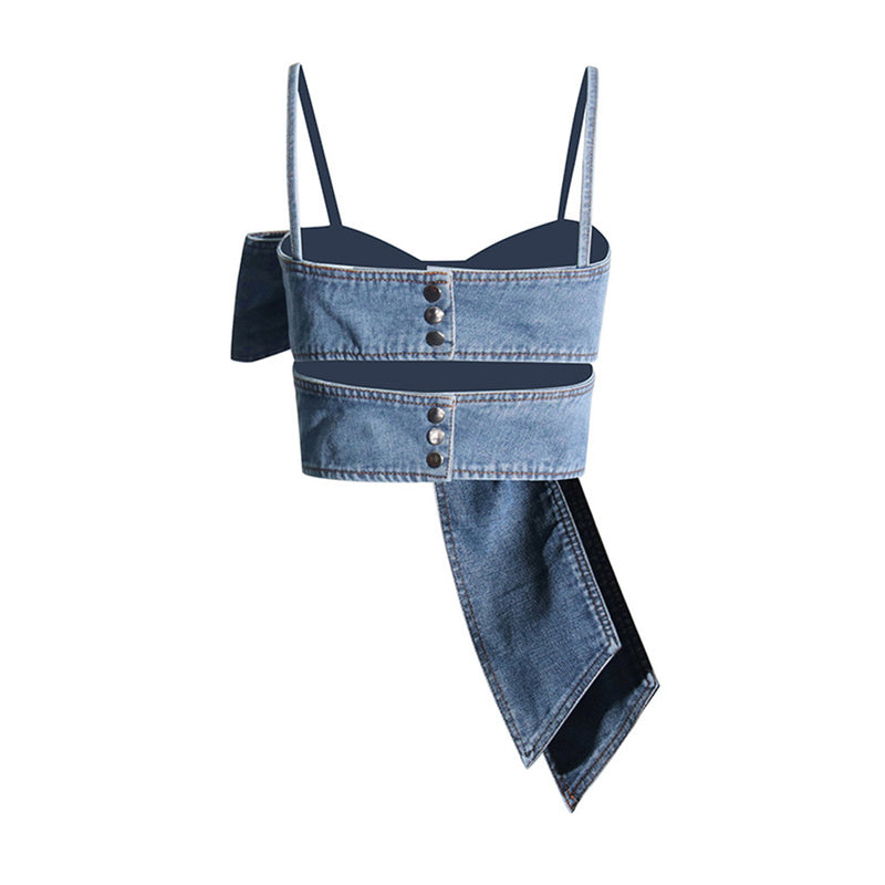 Offbeat Big Bow Knot Crossover Split Cutout Cami Denim Crop Tank Top