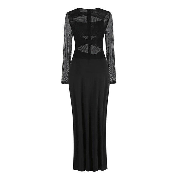 Offbeat Bow Knot Crew Neck Sheer Long Sleeve High Split Cutout Maxi Dress