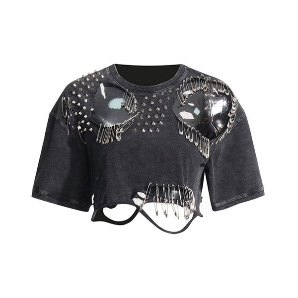 Offbeat Crew Neck Studded Short Sleeve Safety Pin Cutout Ripped Crop Top