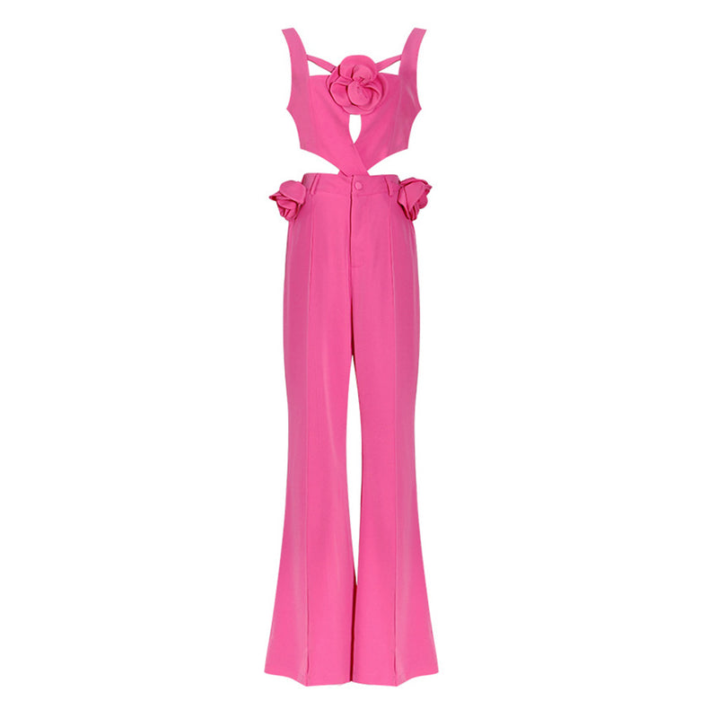 Offbeat Cross Cutout Sleeveless High Rise Pintuck Flared Rosette Jumpsuit