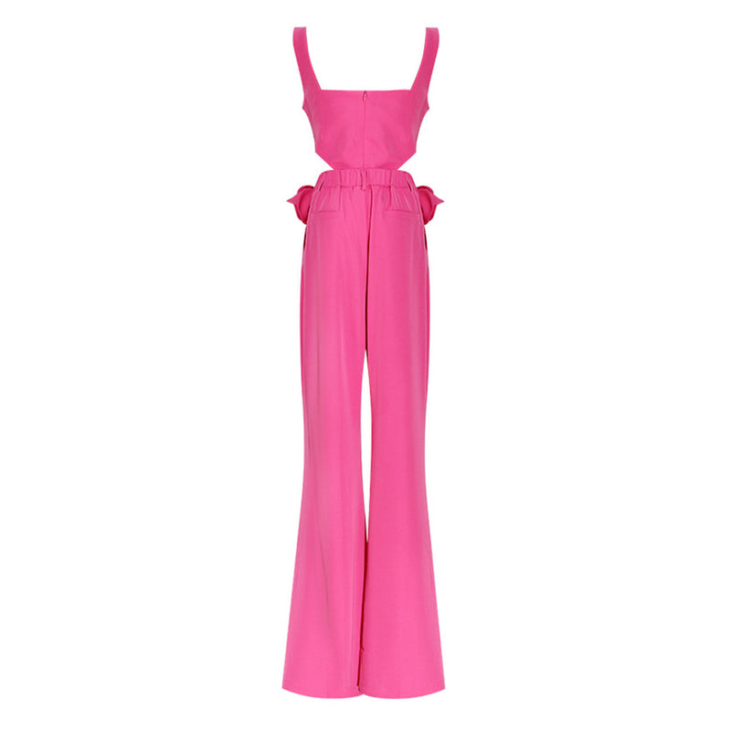 Offbeat Cross Cutout Sleeveless High Rise Pintuck Flared Rosette Jumpsuit