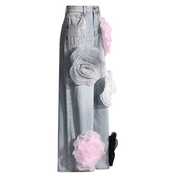 Offbeat Crystal Fringe Mid Rise Wide Leg Multicolored Rosette Denim Jeans