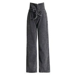 Offbeat High Rise Zip Front Double Waist Bow Tie Wide Leg Denim Jeans