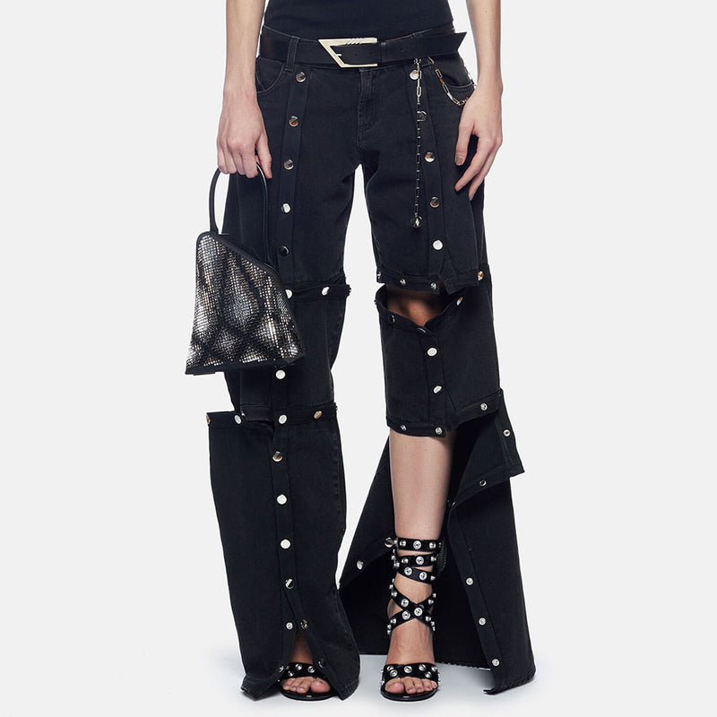 Offbeat High Waist Snap Button Up Wide Leg Deconstructed Denim Jeans