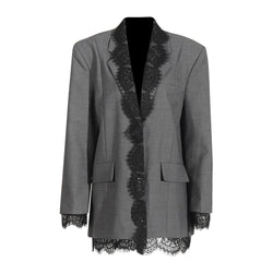 Offbeat Lace Trim Lapel Single Breasted Long Sleeve Oversized Long Blazer