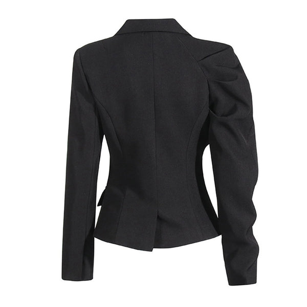 Offbeat Lapel Ruched Puff Sleeve One Button Cutaway Tailored Blazer