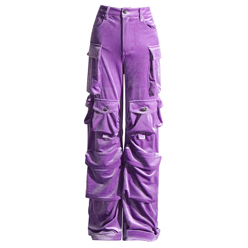 Offbeat Low Waist Multiple Pocket Wide Leg Polished Velvet Cargo Pants