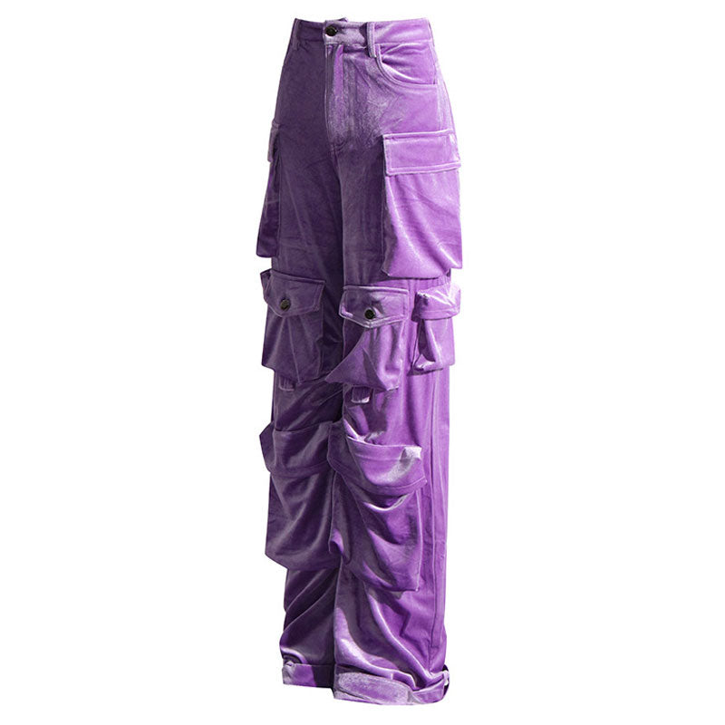 Offbeat Low Waist Multiple Pocket Wide Leg Polished Velvet Cargo Pants