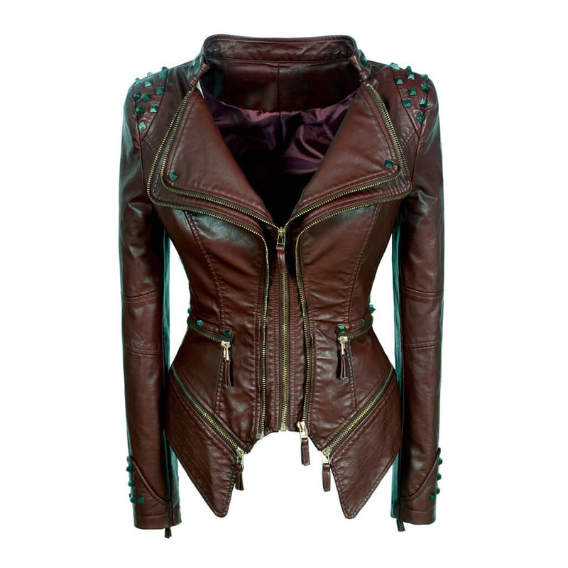 Offbeat Metal Rivet Double Zip Up Long Sleeve Vegan Leather Biker Jacket