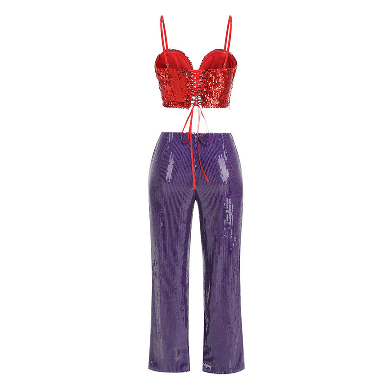 Offbeat Rosette Lace Up Bra Top High Waist Wide Leg Sequin Pant Matching Set