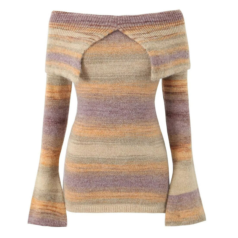 Ombre Foldover Off Shoulder Bell Sleeve Ribbed Knit Micro Mini Sweater Dress