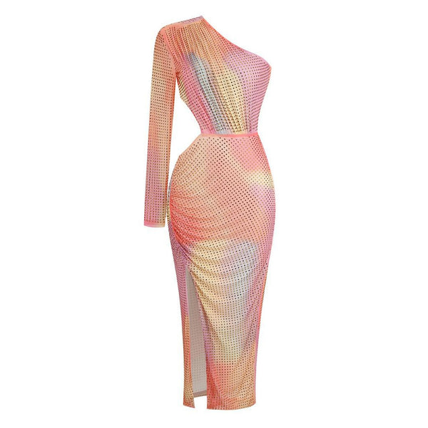 Ombre Rainbow Rhinestone Cutout Split Ruched One Shoulder Mesh Midi Cocktail Dress