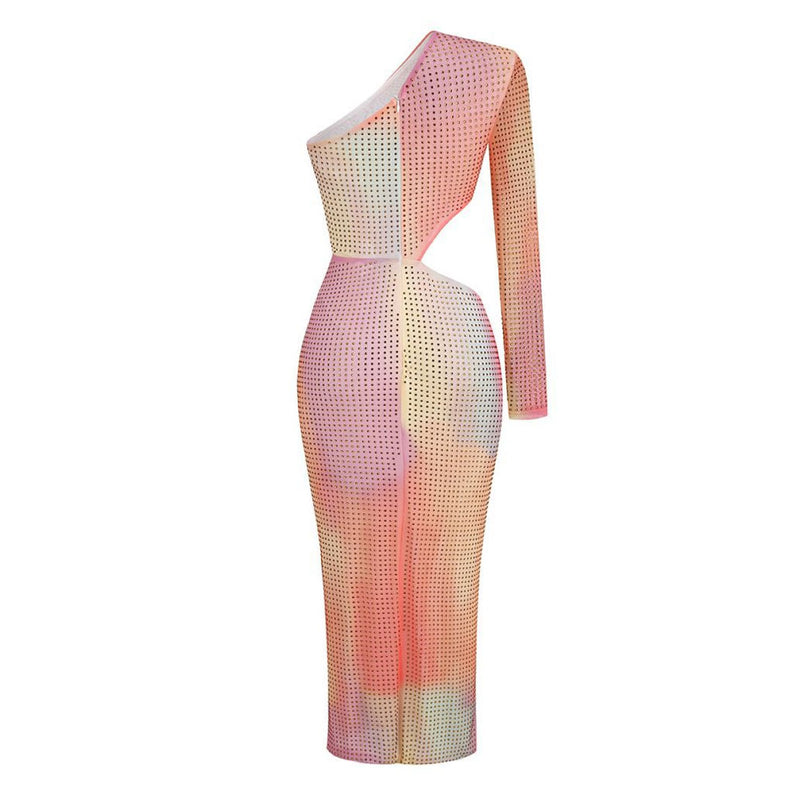 Ombre Rainbow Rhinestone Cutout Split Ruched One Shoulder Mesh Midi Cocktail Dress