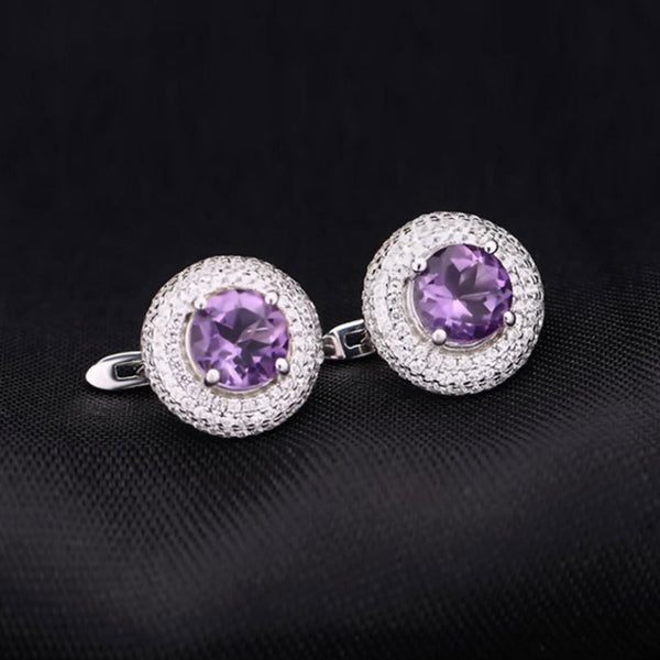 Opulent Amethyst Halo Clear Cubic Zirconia Cluster Stud Earrings