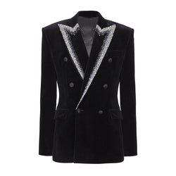 Opulent Beaded Peak Lapel Strong Shoulder Double Breasted Velvet Blazer