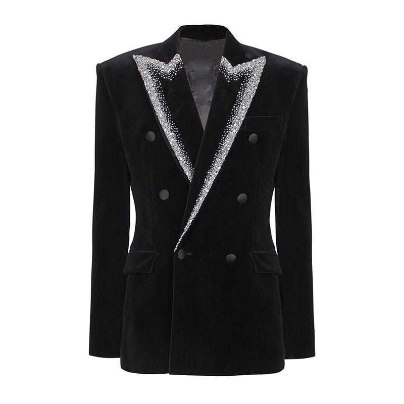 Opulent Beaded Peak Lapel Strong Shoulder Double Breasted Velvet Blazer