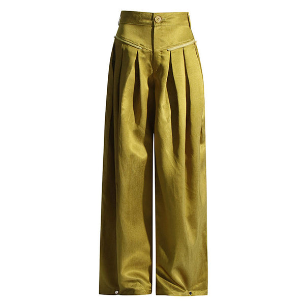 Opulent Brushed Effect High Waist Zipper Pocket Pleated Wide Leg Cargo Pants