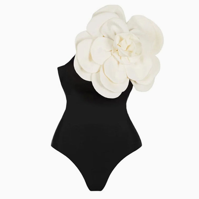 Opulent Contrast Rosette Applique One Shoulder Moderate One Piece Swimsuit