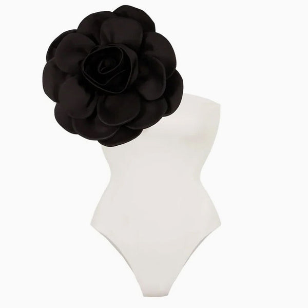 Opulent Contrast Rosette Applique One Shoulder Moderate One Piece Swimsuit