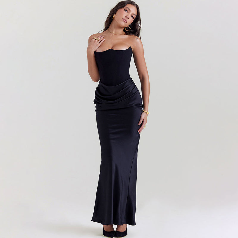 Opulent Crepe Strapless Corset Draped Silky Satin Fishtail Maxi Evening Dress