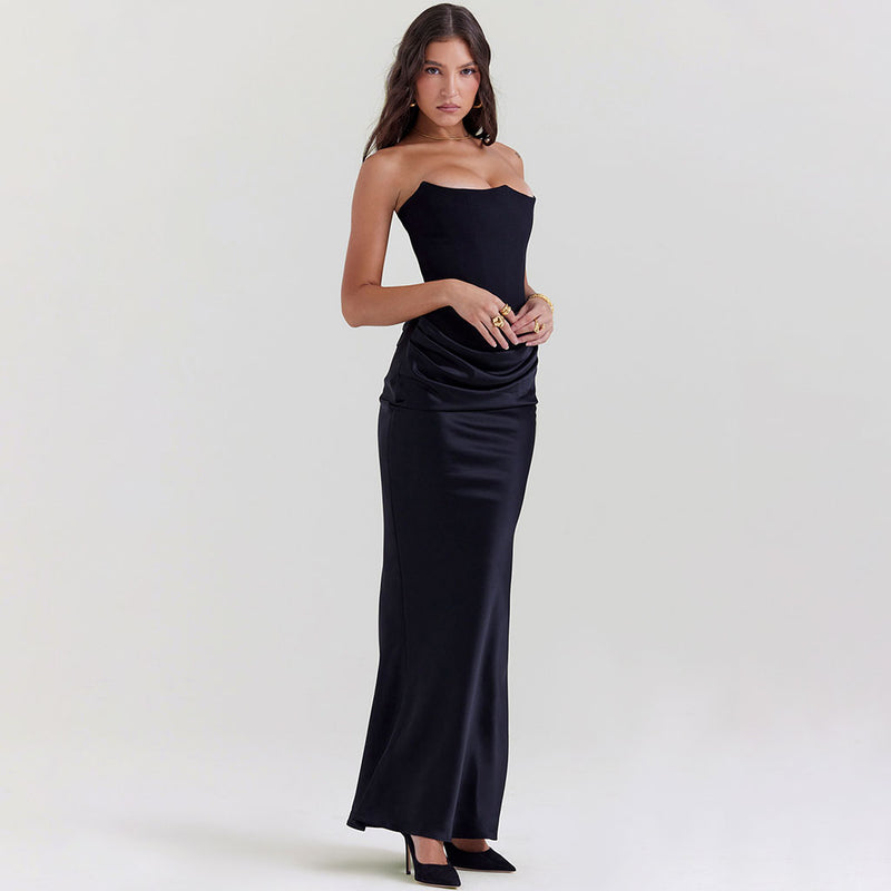 Opulent Crepe Strapless Corset Draped Silky Satin Fishtail Maxi Evening Dress