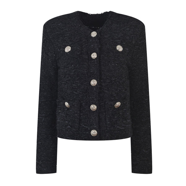 Opulent Crew Neck Button Up Padded Long Sleeve Textured Wool Knit Cardigan