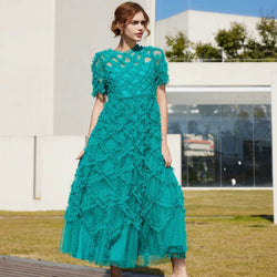 Opulent Crew Neck Sheer Sleeve High Waist A Line Dotted Tulle Ruffle Maxi Dress