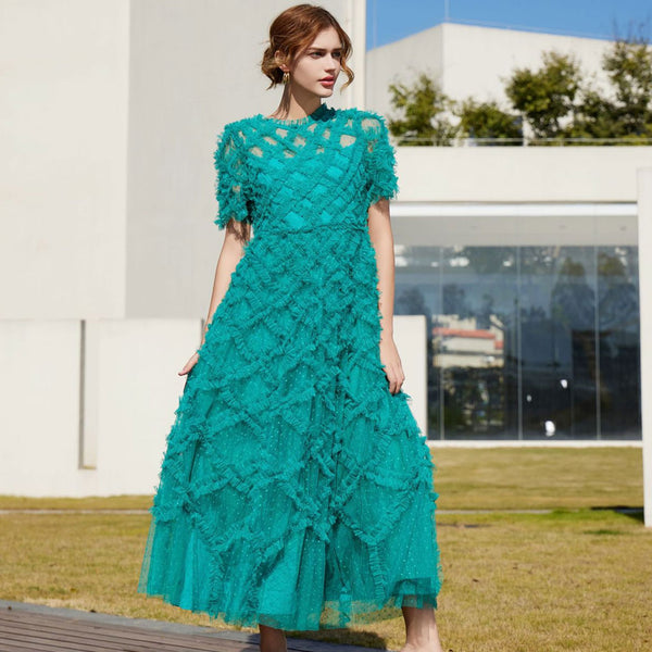 Opulent Crew Neck Sheer Sleeve High Waist A Line Dotted Tulle Ruffle Maxi Dress