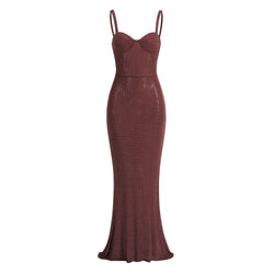 Opulent Crystal Embellished Bustier Sleeveless Mesh Fishtail Maxi Dress