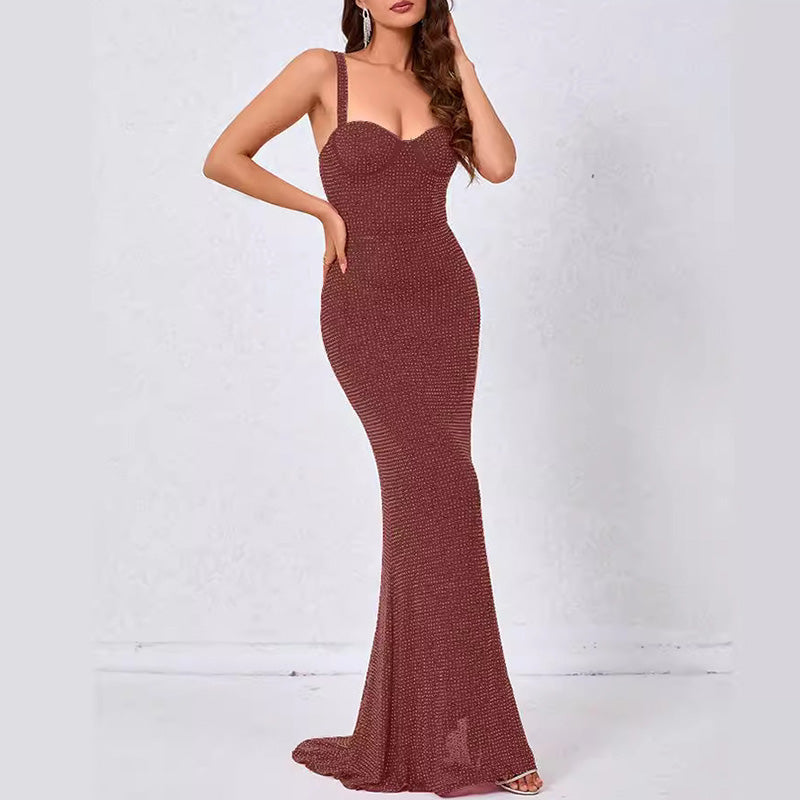 Opulent Crystal Embellished Bustier Sleeveless Mesh Fishtail Maxi Dress