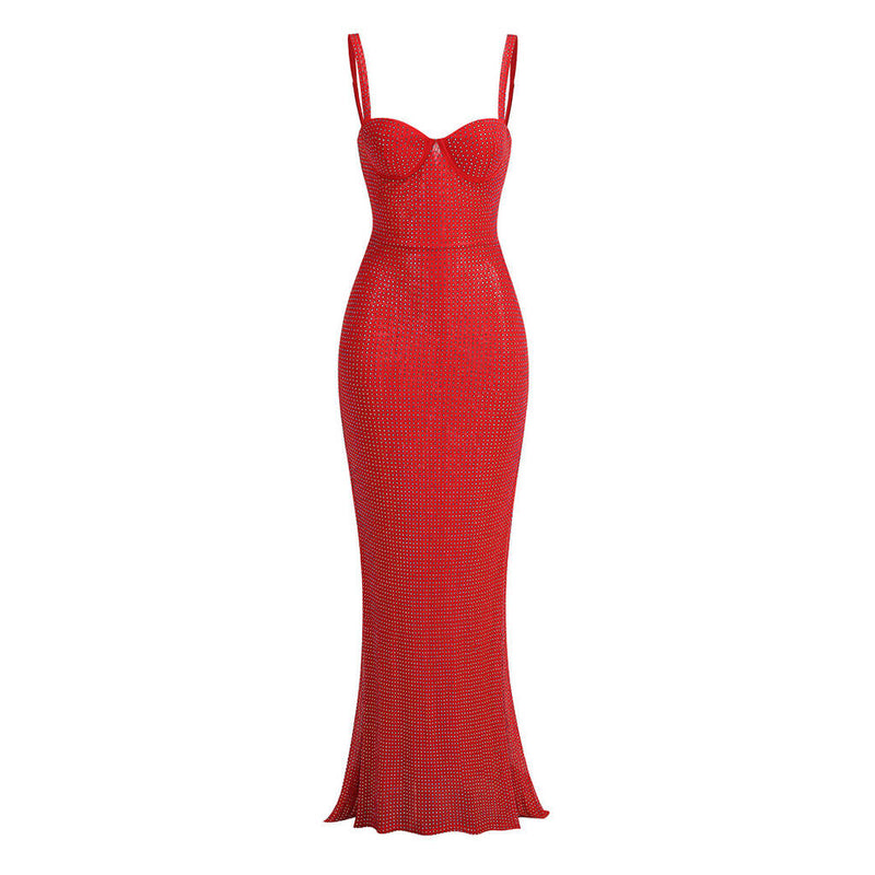 Opulent Crystal Embellished Bustier Sleeveless Mesh Fishtail Maxi Dress