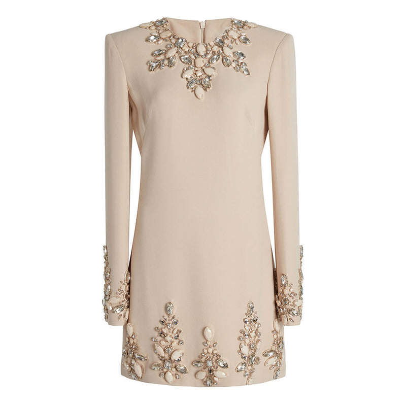 Opulent Crystal Embellished Crew Neck Long Sleeve Sheath Mini Party Dress