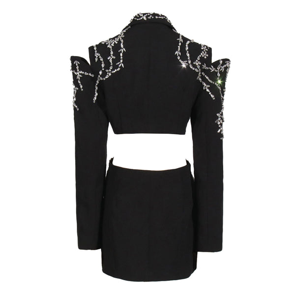 Opulent Crystal Embellished Lapel Cutout Long Sleeve Blazer Mini Dress