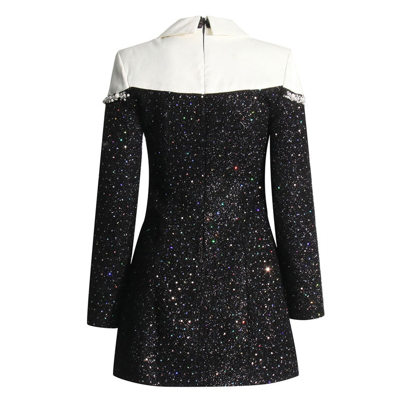 Opulent Crystal Satin Tie Long Sleeve Pearl Sequin Hybrid Tweed Mini Dress