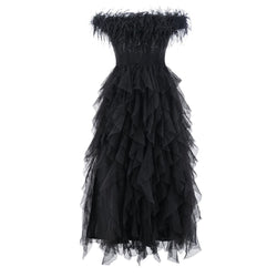 Opulent Faux Feather Off Shoulder Corset Ruffle Tulle Maxi Evening Dress