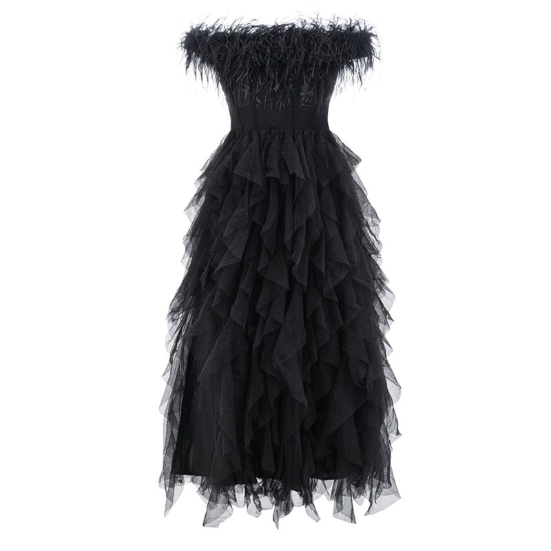 Opulent Faux Feather Off Shoulder Corset Ruffle Tulle Maxi Evening Dress