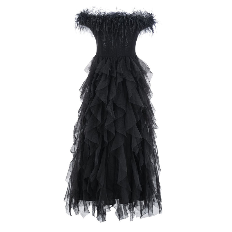 Opulent Faux Feather Off Shoulder Corset Ruffle Tulle Maxi Evening Dress