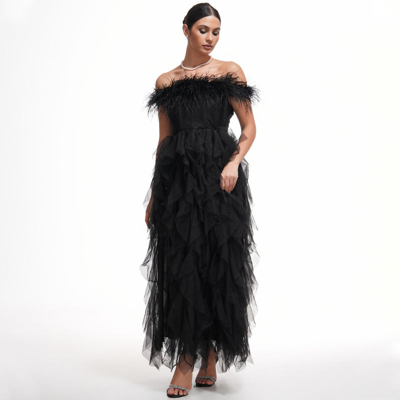 Opulent Faux Feather Off Shoulder Corset Ruffle Tulle Maxi Evening Dress