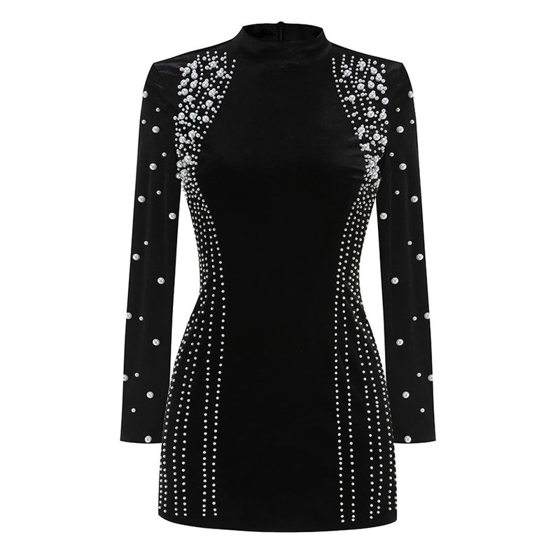 Opulent Faux Pearl Embellished Long Sleeve Velvet Bodycon Mini Party Dress