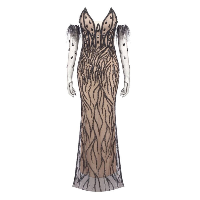 Opulent Feather Sheer Glove Rhinestone Sequin Strapless Fishtail Maxi Dress