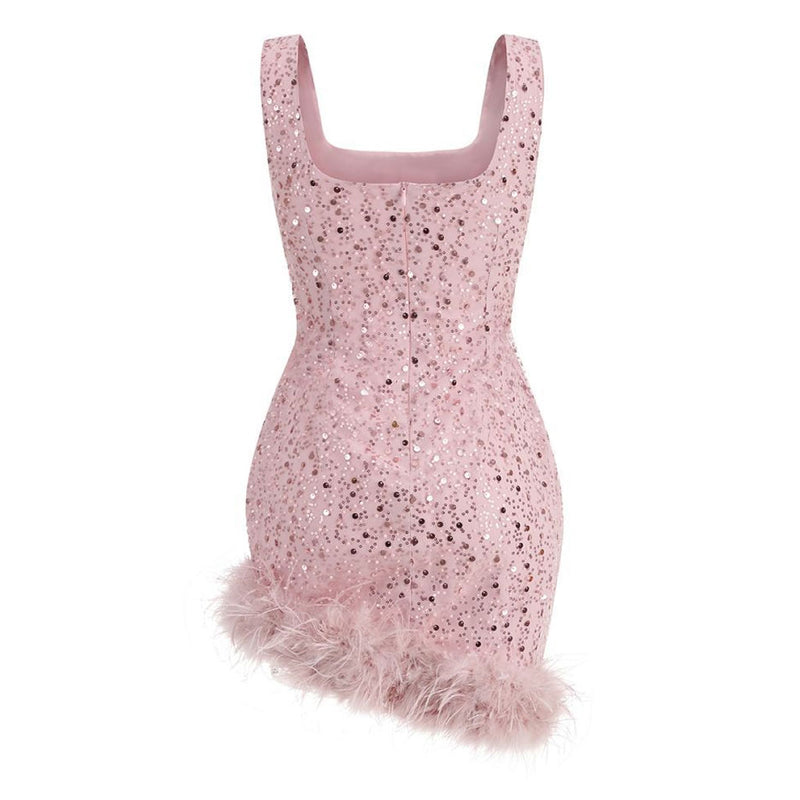 Opulent Feather Trim Faux Pearl Beaded Sequin Square Neck Mini Tank Party Dress