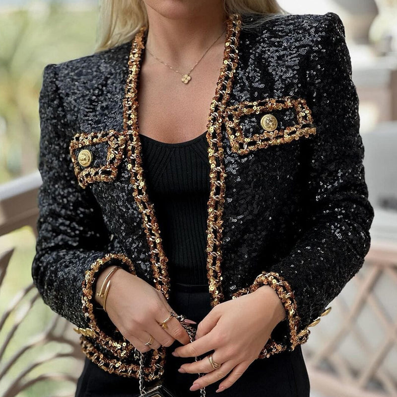 Opulent Gold Tone Button V Neck Long Sleeve Sequin Embellished Crop Blazer