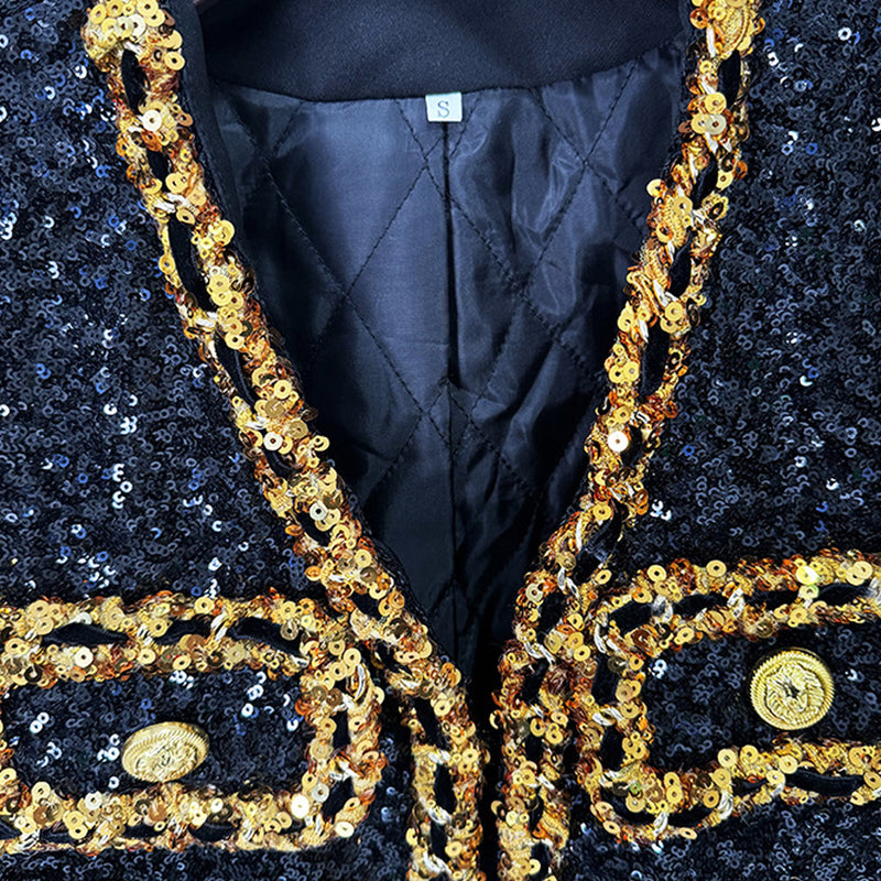 Opulent Gold Tone Button V Neck Long Sleeve Sequin Embellished Crop Blazer