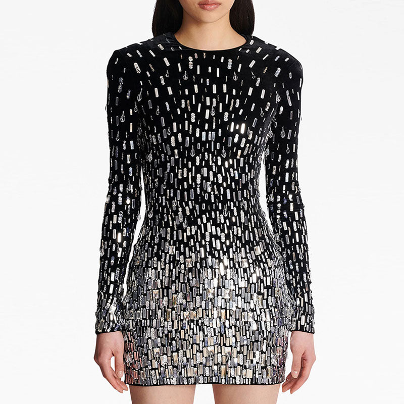 Opulent Gradient Crystal Sequin Long Sleeve Velvet Bodycon Mini Party Dress