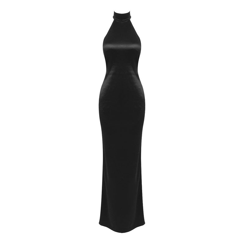 Opulent Halter Wrap Scarf Faux Pearl Backless Split Satin Gown Maxi Dress