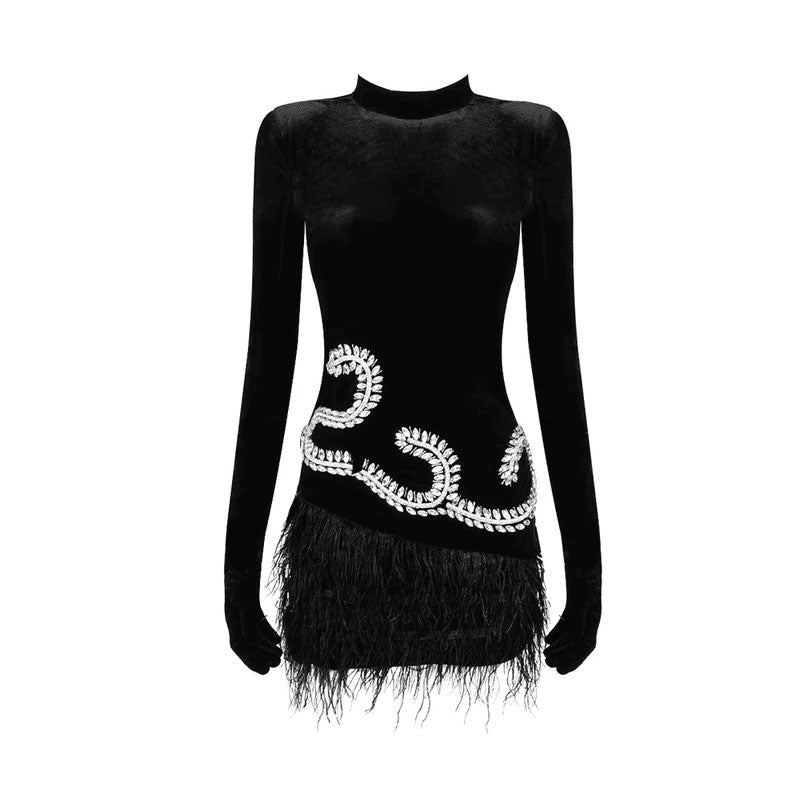 Opulent High Neck Glove Sleeve Crystal Detail Velvet Feather Mini Dress