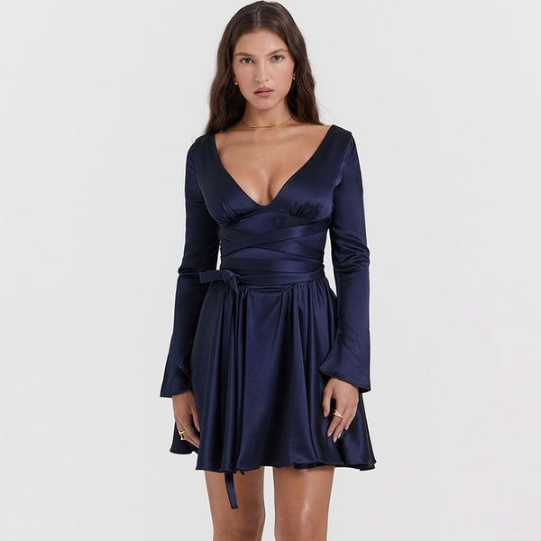 Opulent Monochrome Plunge Neck Wrap Around Bow Tie Long Sleeve Mini Satin Dress