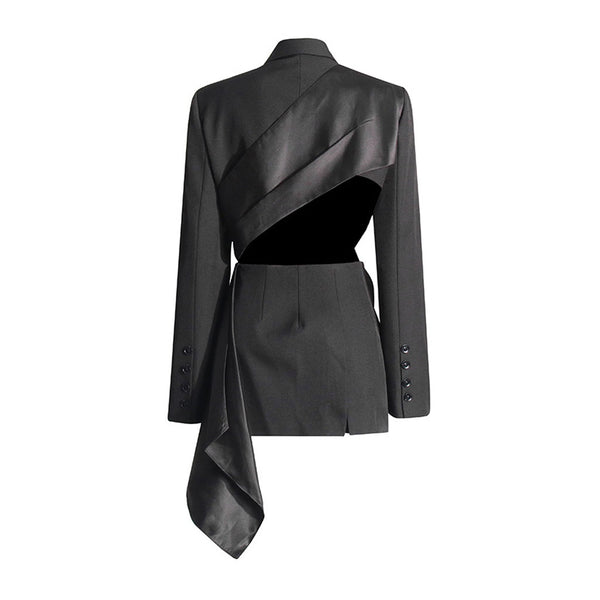 Opulent Peak Lapel Cutout Cinch Waist Satin Pleated Peplum Hybrid Blazer