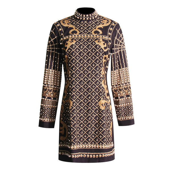 Opulent Pearl Beaded Baroque Print Mock Neck Long Sleeve Mini Party Dress