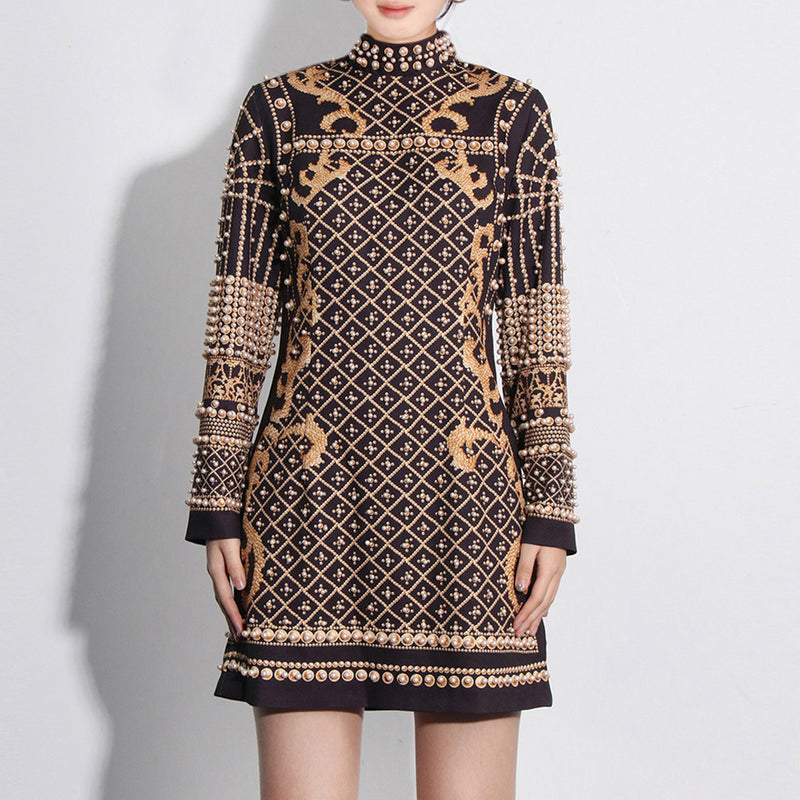 Opulent Pearl Beaded Baroque Print Mock Neck Long Sleeve Mini Party Dress